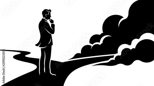 Quadro su tela Businessman contemplating a diverging path toward clouds, symbolizing decision, future, and uncertainty
