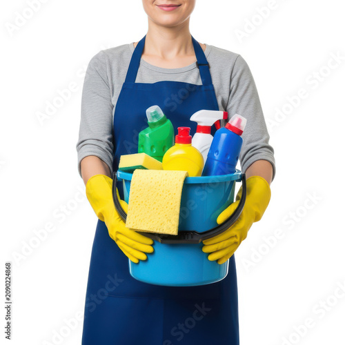 Woman holding a bucket with cleaning supplies and wearing protective gloves.
