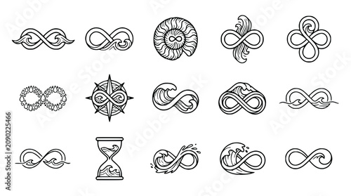 Obraz na plátně Infinity Symbol Variations with Waves, Compass, Nautilus, Hourglass - Vector Ico