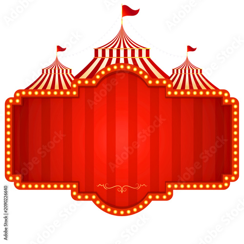 Vintage Red and White Striped Circus Tent Marquee Frame with Glowing Marquee Lights for Carnival Event Announcements and Festival Performance Titles
