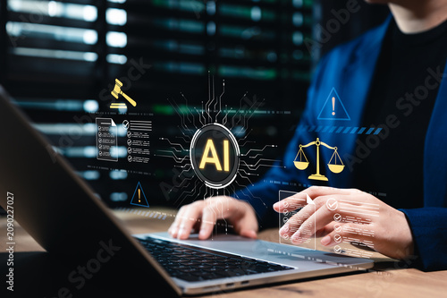 Fotografie Artificial intelligence regulation law and AI ethics compliance governance system concept