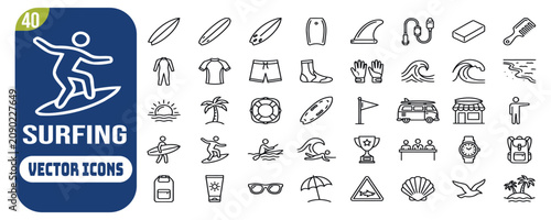 Obraz na plátně Surfing icon set. Editable stroke. Vector illustration.