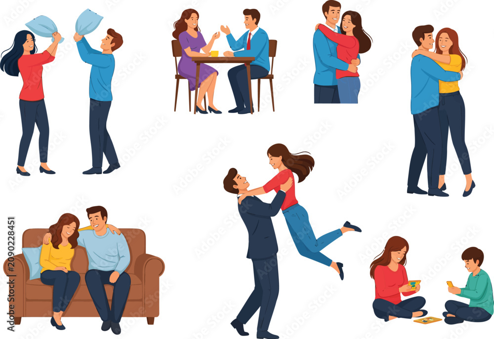 Obraz premium Set of cute couples in love doing different activities like dancing hugging sitting on couch and eating dinner together in colorful flat cartoon illustration style