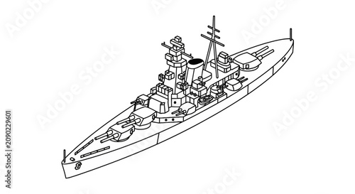 Foto Detailed battleship line art showing multiple naval gun turrets