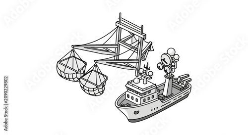 Quadro su tela Commercial fishing trawler boat with nets and radar equipment