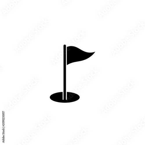 Minimalist black golf flag icon in hole representing sports target achievement and leisure outdoor activity silhouette design