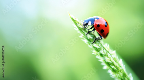Beautiful tiny red bug on the grass after the rain