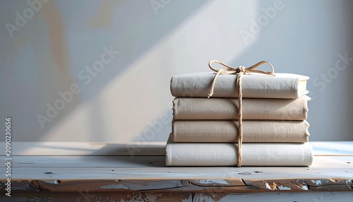 Stack of vintage books wrapped in simple twine string against a neutral wall with soft morning sunlight