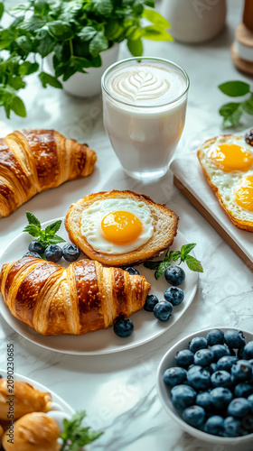 Breakfast with beans, toast, croissants