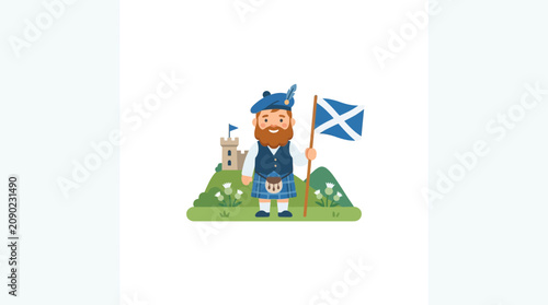 Cartoon Scottish man in traditional outfit holding Scotland flag with castle background