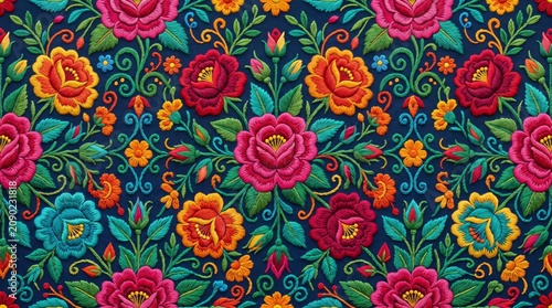 Mexico pattern floral embroidery textile fabric with talavera geometric seamless ornament colorful sombrero heritage