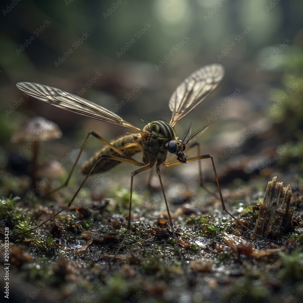Obraz premium Macro photography of large mosquito on mossy forest floor