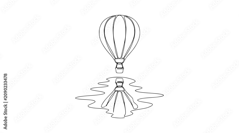Fototapeta premium Hot Air Balloon Reflection on Water Surface - Minimalist Line Art