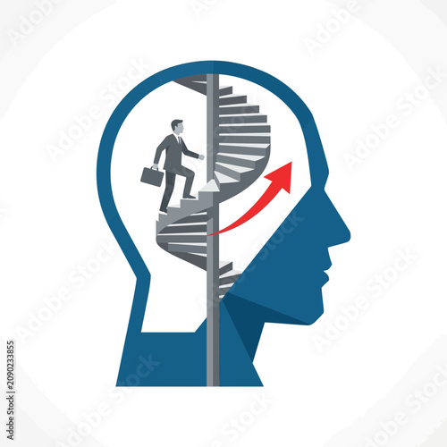 Business Professional Career Growth Illustration, Human Head Silhouette with Spiral Stairs and Red Success Arrow, Personal Development and Mental Coaching Concept, Flexible Layout Design Space
