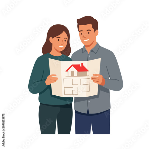 Young couple planning dream home construction with blueprint. Flat vector illustration for real estate mortgage services and housing development marketing.