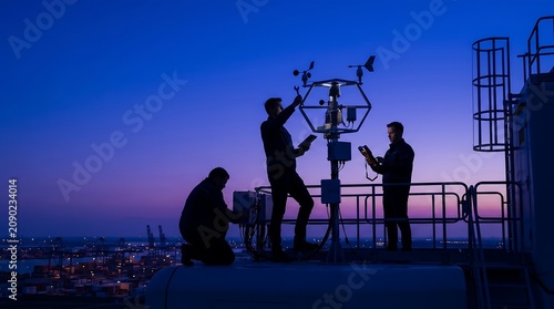 Technicians Maintaining Communication Tower at Dusk