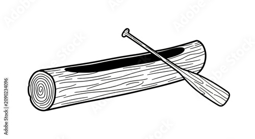Canvastavla Traditional dugout canoe and wooden paddle line art