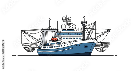 Foto Commercial fishing trawler with large nets deployed