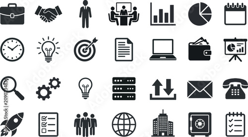 Collection of business and productivity icons in black and white