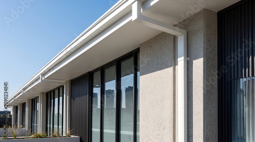 Modern building facade with white gutter and roof under blue sky