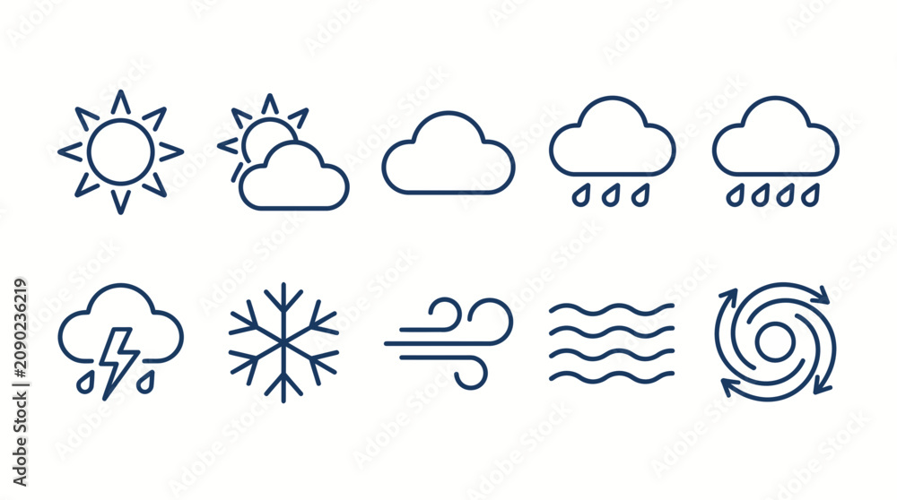 Fototapeta premium Weather icons depict various conditions including sun, clouds, rain, and snow.