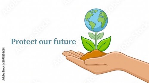 Environmental protection concept with hand holding earth plant, protect our future text, ecology and sustainability illustration on white background
