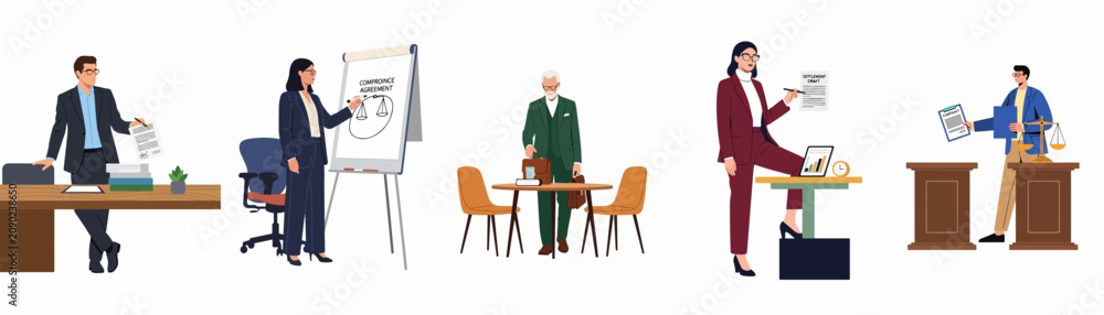 Obraz premium Set of legal professionals, lawyers, and mediators presenting contracts, settlement drafts, and compromise agreements in various office and courtroom settings.
