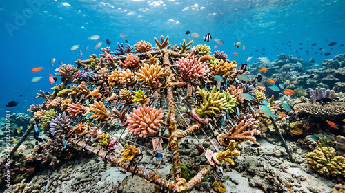 Ultra Realistic Close Up Underwater Documentary Photography of Healthy Coral Nursery Frames with Colorful Young Corals