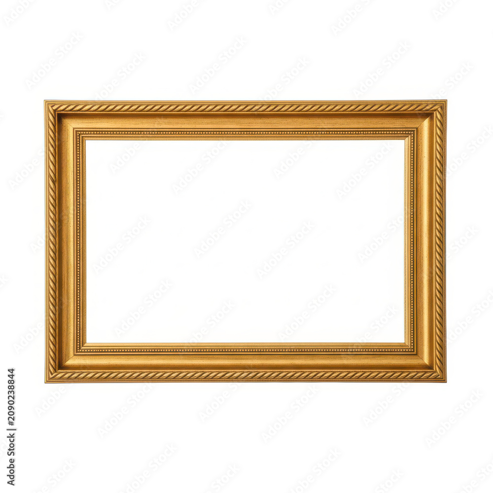 Fototapeta premium A gold ornate picture frame with a white background and empty center.