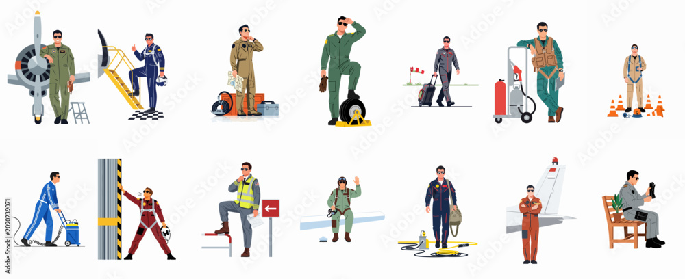 Fototapeta premium Diverse collection of pilot and aviation ground crew characters in professional poses and working scenarios, set of illustrated people isolated on white.