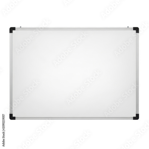 A blank whiteboard with a metal frame is centered on a plain white background.