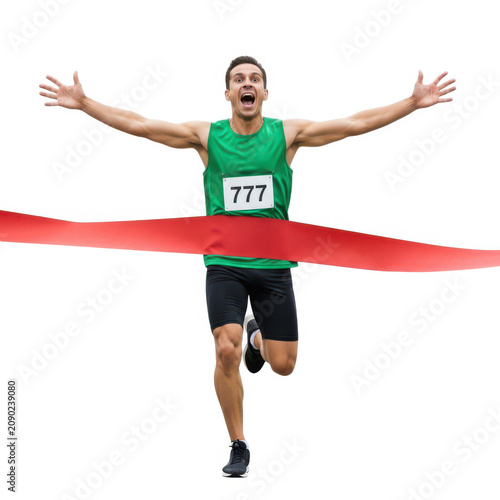 Man crossing the finish line with arms outstretched in triumph and joy.