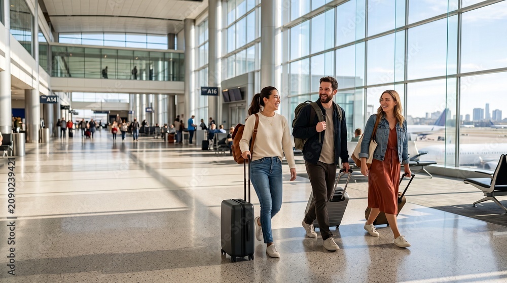 Naklejka premium Three smiling friends walk with luggage through a modern, sunlit airport terminal, ready for travel.