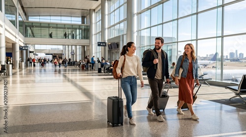 Three smiling friends walk with luggage through a modern, sunlit airport terminal, ready for travel.