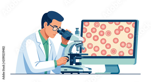 Professional male hematologist analyzing blood samples using microscope and computer monitor flat vector illustration