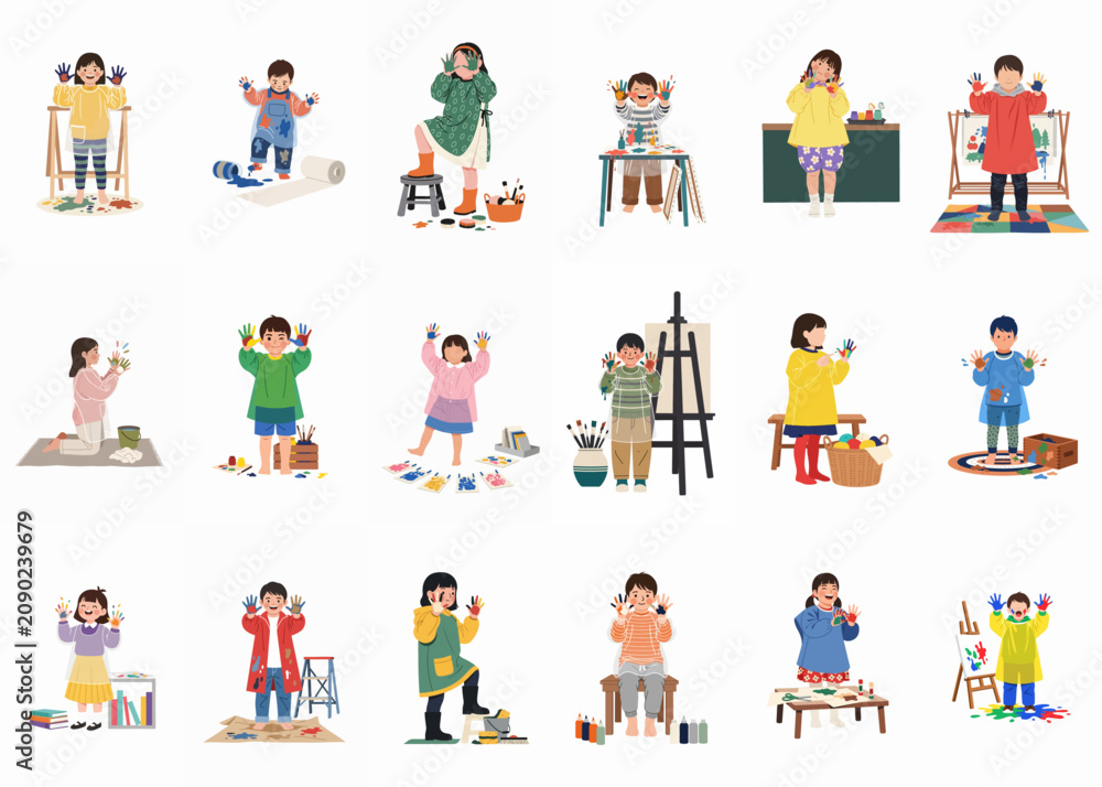 Fototapeta premium Set of illustrations featuring happy children engaged in creative painting and art activities with colorful messy hands.