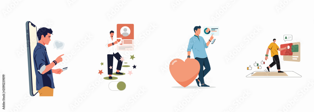 Fototapeta premium Set of flat vector illustrations depicting young men using smartphones for social media, online dating, digital marketing, and mobile payments.