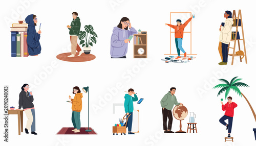Fotografía Diverse collection of young adults wearing hoodies and participating in different indoor activities and hobbies in a modern flat illustration style
