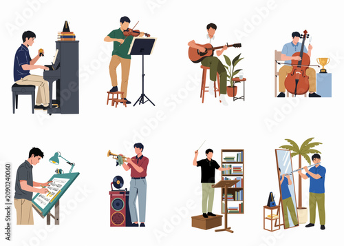 Diverse set of flat vector illustrations featuring men playing various musical instruments, composing, and conducting.