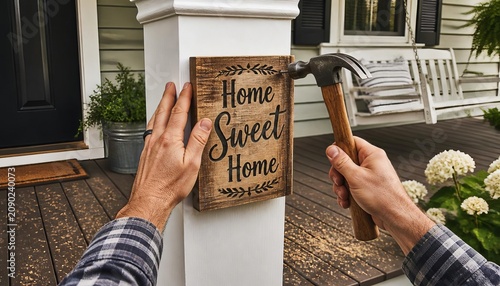 Homeowner nailing a decorative wooden home sweet home sign onto a white porch post for a welcoming entrance update on a sunny residential afternoon