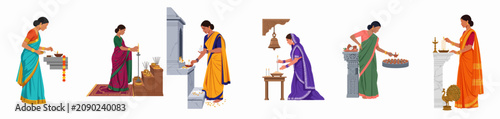 Collection of Indian Women in Traditional Saris Performing Religious Rituals, Lighting Oil Lamps, and Offering Prayers in Temple Settings