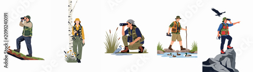 Obraz na płótnie Collection of Birdwatchers and Nature Observers in Various Outdoor Settings, Vec