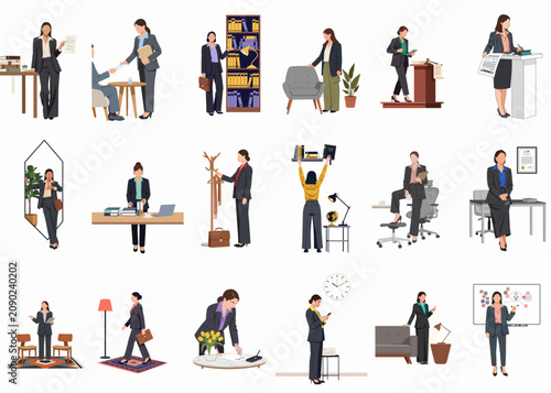 Set of eighteen professional businesswomen and lawyers in various office and legal scenarios, flat vector illustration.