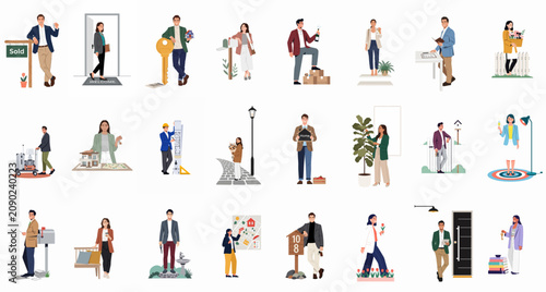 Bild auf Leinwand Vector illustration set of diverse men and women in various real estate, home buying, and moving scenarios on a white background