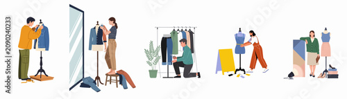 Set of flat vector illustrations showing diverse fashion designers and tailors working on garment creation, fitting, and styling in a professional studio.