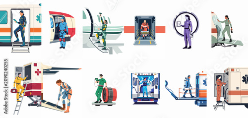 Flat vector illustration set of emergency medical professionals, paramedics, and rescue workers with ambulances, helicopters, and medical gear on a white background.