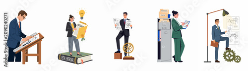 Vector Illustrations Representing the Patent Process, Intellectual Property Rights, and Innovation with Professional Characters Handling Documents and Engineering Blueprints.