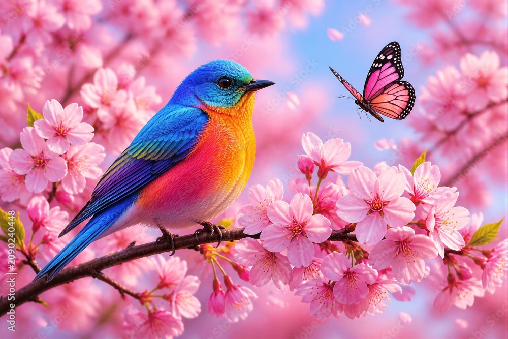 Fototapeta premium A colorful bird sits on a branch filled with pink cherry blossoms. A butterfly flies close by. The scene captures spring with flowers blooming and vibrant colors.