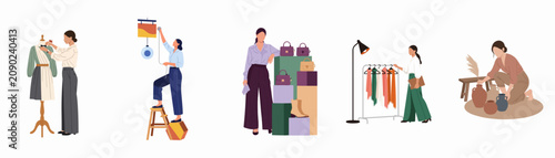 Flat vector illustrations of creative women working in fashion design, retail merchandising, styling, and artisan pottery industries on a white background.