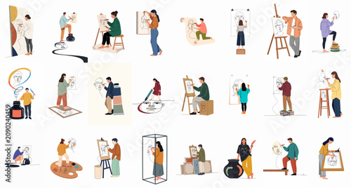 Bild auf Leinwand Diverse collection of minimalist illustrations featuring various artists drawing and painting continuous line portraits of faces